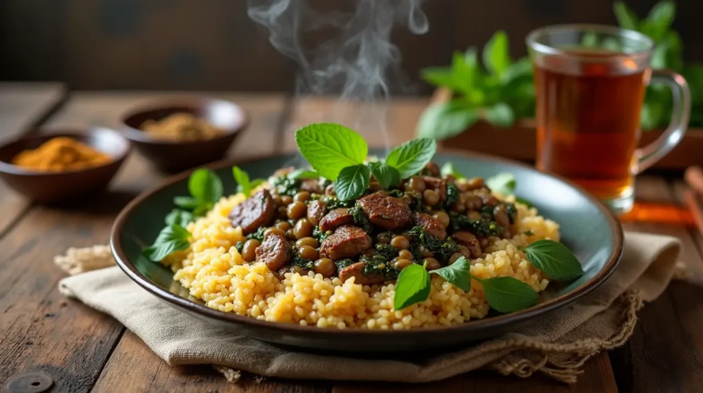 A beautifully plated lamb lentils rice spinach recipe on a wooden table, with vibrant spinach, tender lamb, and steaming rice, surrounded by Middle Eastern spices.