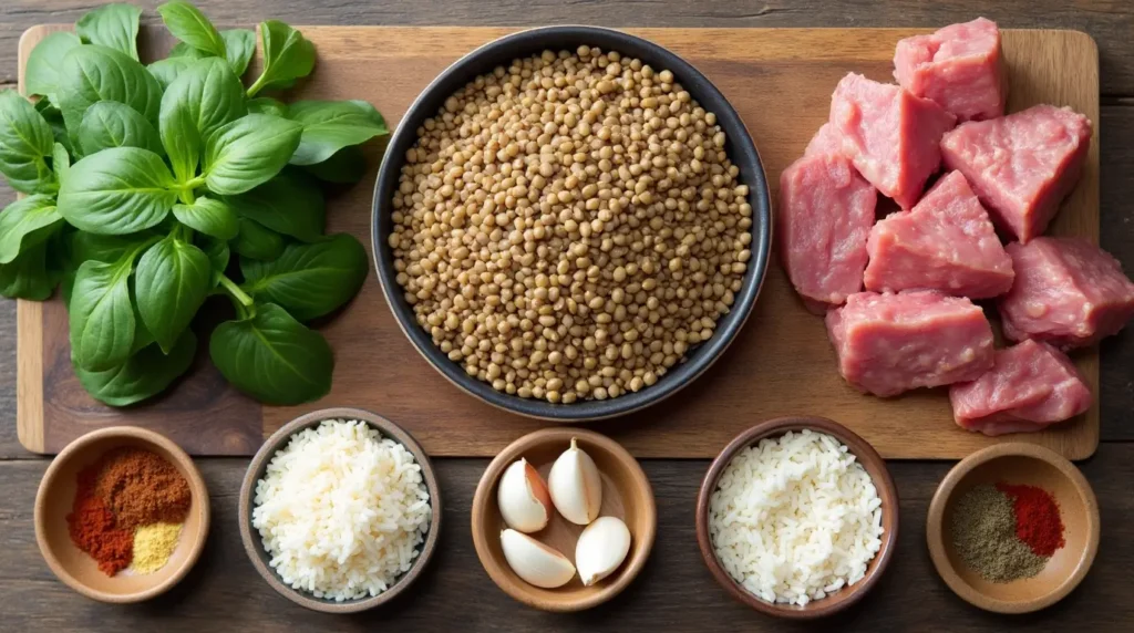 Key ingredients of the lamb lentils rice spinach recipe, including fresh spinach leaves, lentils, basmati rice, lamb, and spices arranged on a wooden surface.