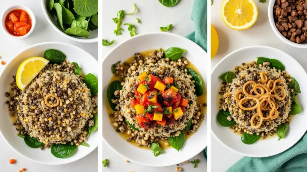 Variations of the lamb lentils rice spinach recipe, featuring a vegetarian version, roasted vegetable topping, and garnishes like fried onions and fresh herbs.