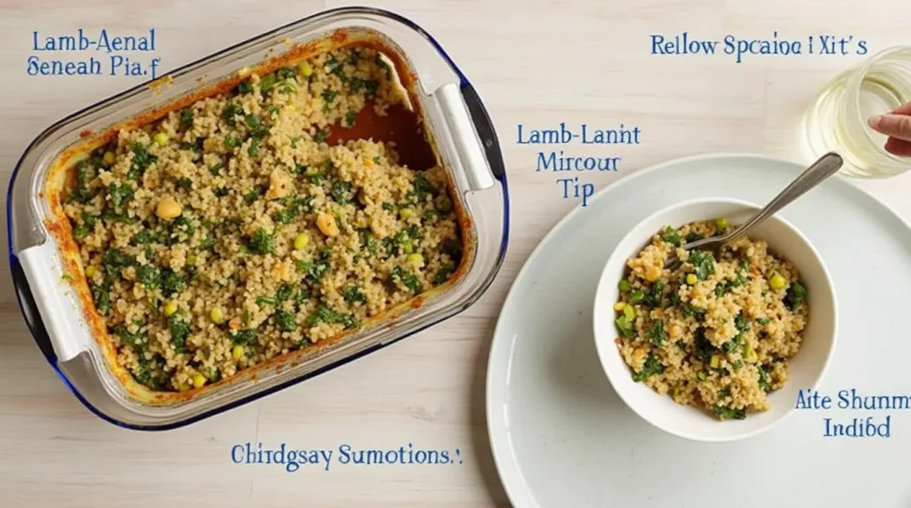 A casserole dish of lamb lentils rice spinach recipe alongside a bowl of reheated pilaf with tips for storing and reheating leftovers.