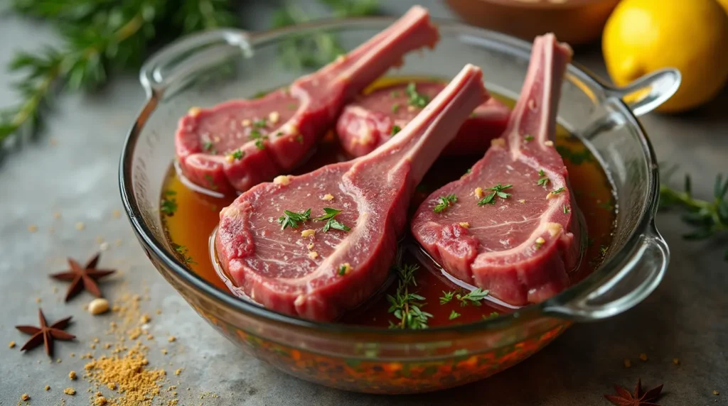 Lamb shoulder chops marinating in olive oil, garlic, lemon juice, and fresh herbs, in a glass bowl on a rustic countertop.