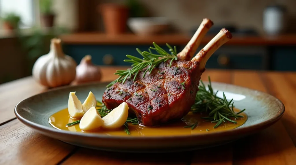 A beautifully plated lamb shoulder chop garnished with fresh rosemary, garlic, and olive oil, on a rustic wooden table in a cozy kitchen setting.