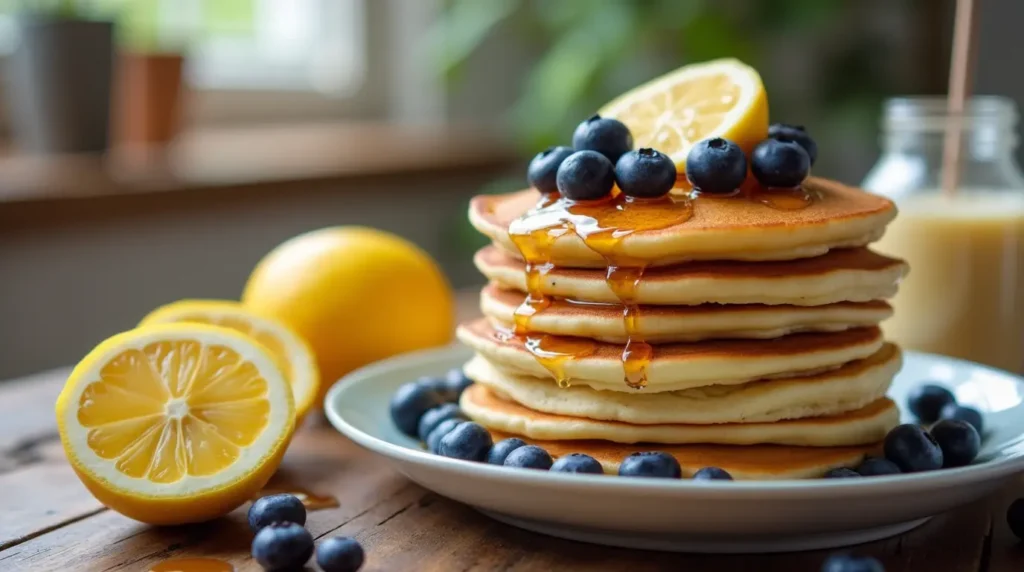  A stack of lemon blueberry pancakes topped with fresh blueberries, lemon slices, and maple syrup on a rustic wooden table.