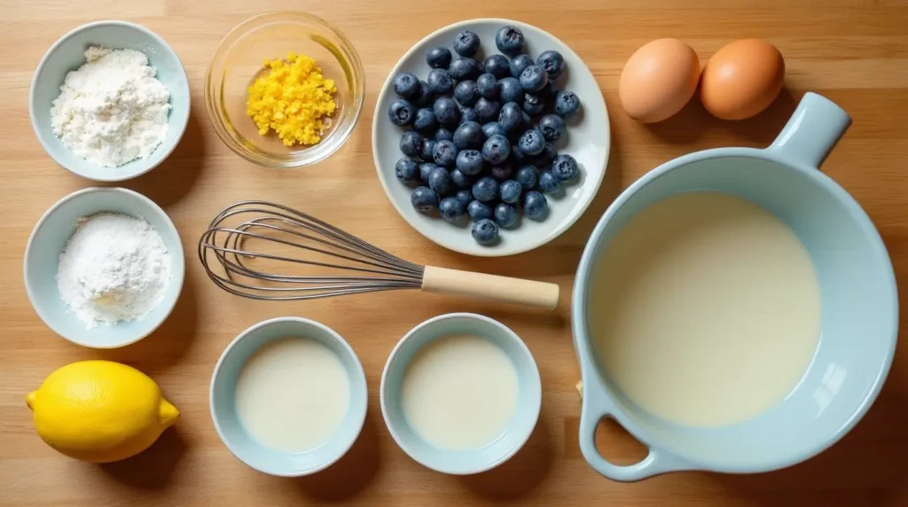 Ingredients for lemon blueberry pancakes, including flour, blueberries, lemon zest, eggs, and milk, arranged on a wooden kitchen counter