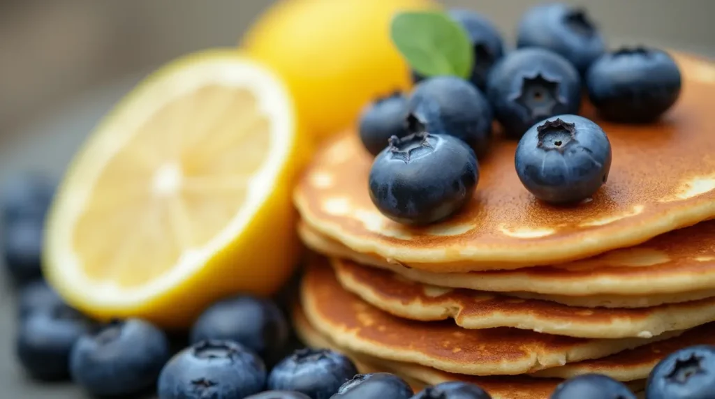 Close-up of fresh blueberries and sliced lemon beside a stack of lemon blueberry pancakes, highlighting their nutritional benefits