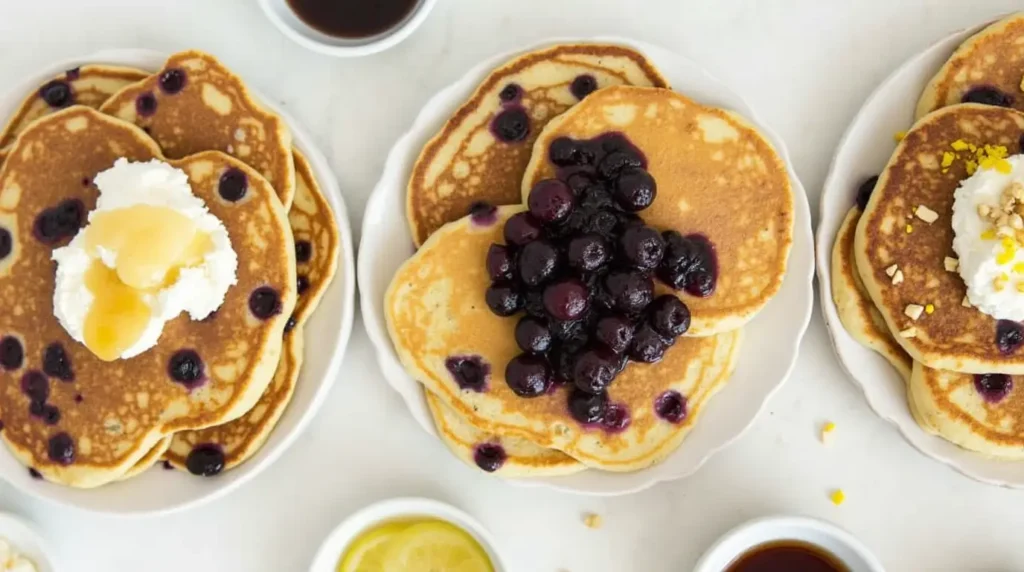  Three servings of lemon blueberry pancakes presented with yogurt and honey, blueberry compote, and crushed nuts with lemon zest.