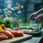 Person preparing homemade fish food in a kitchen with fresh vegetables, seafood, and gelatin.