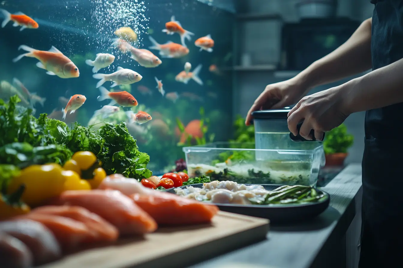 Person preparing homemade fish food in a kitchen with fresh vegetables, seafood, and gelatin.