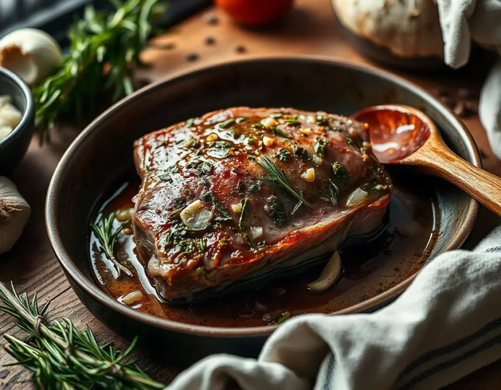 Marinating lamb breast in a dish with fresh herbs, garlic, and olive oil.