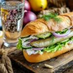 Traditional German Matjesbrötchen sandwich with pickled herring, fresh vegetables, and creamy sauce served on a rustic wooden table.