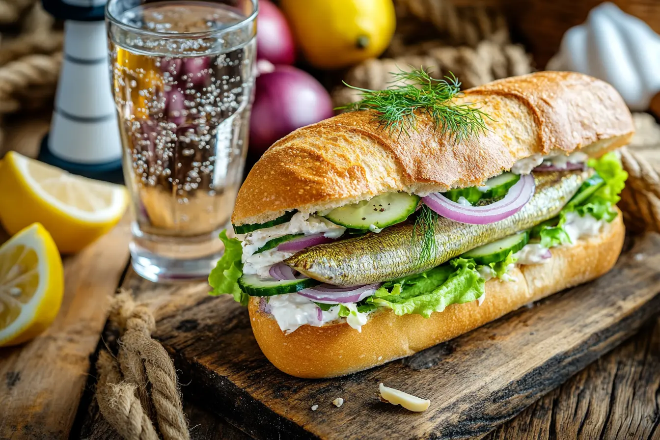 Traditional German Matjesbrötchen sandwich with pickled herring, fresh vegetables, and creamy sauce served on a rustic wooden table.