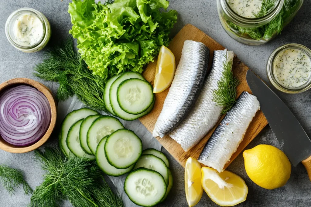 Ingredients for Matjesbrötchen recipe, including Matjes herring, bread rolls, cucumbers, red onions, lettuce, and dill sauce displayed on a cutting board.