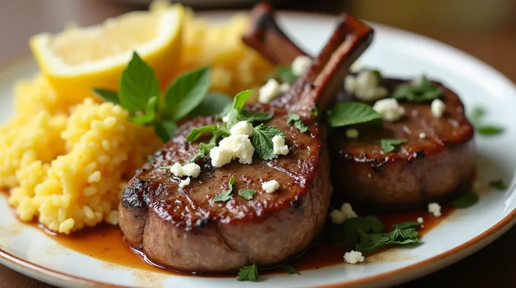 Mediterranean-style lamb shoulder chops served with couscous, garnished with mint leaves, crumbled feta cheese, and a lemon wedge.