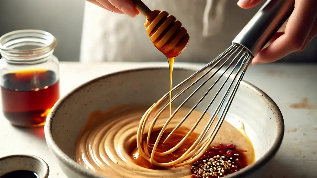 Step-by-step process of making peanut butter sauce, featuring a white bowl with smooth peanut butter, soy sauce, honey, and spices being whisked together on a wooden countertop, highlighting the simplicity of preparation