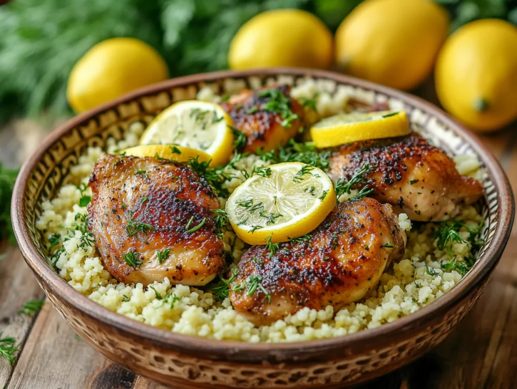 Zesty lemon chicken couscous dish with golden chicken thighs, fluffy couscous, fresh parsley, dill, and thinly sliced lemons in a ceramic bowl.