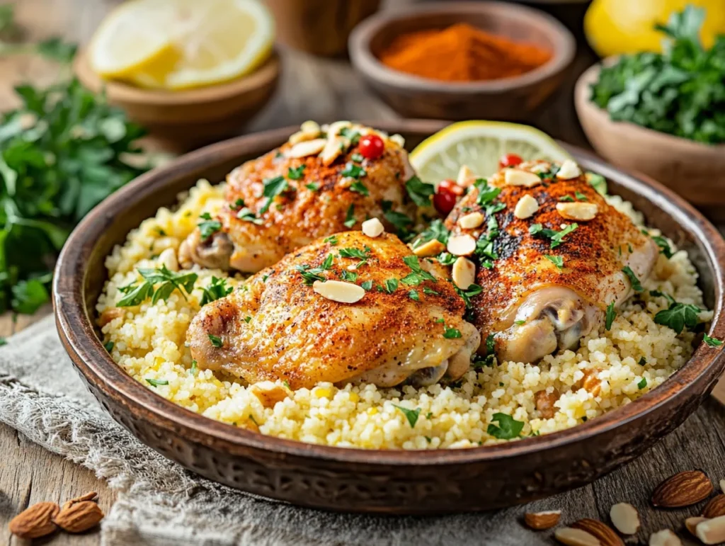 Moroccan-inspired chicken couscous dish featuring golden chicken thighs, fluffy couscous, parsley, almonds, and lemon slices on a rustic table.