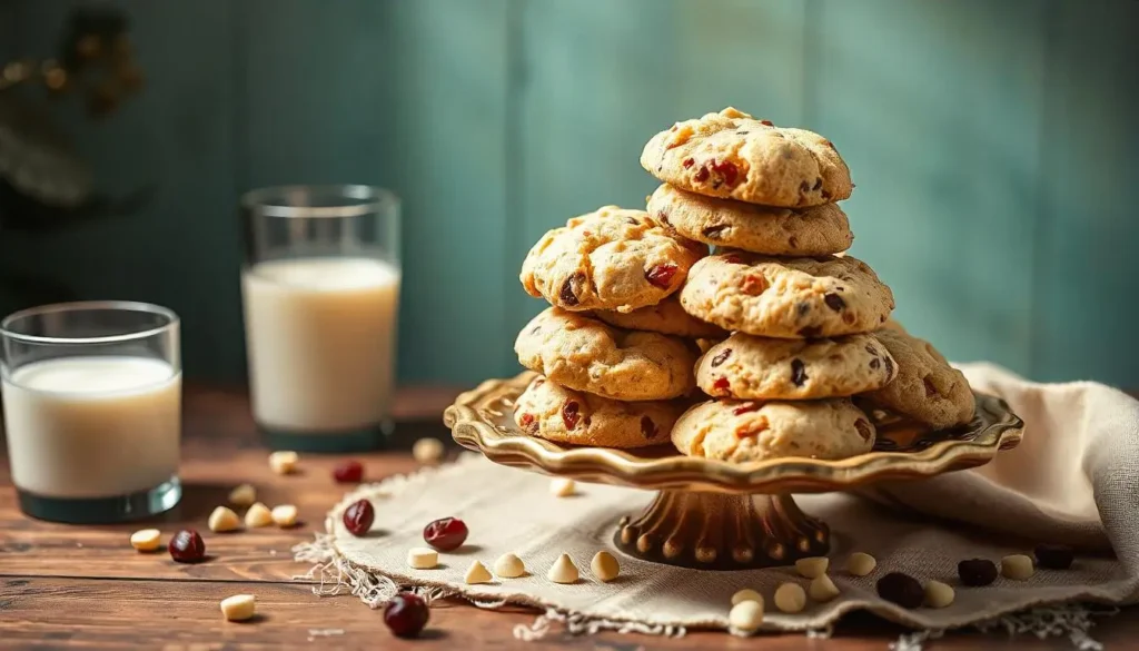 Stack of no-bake white chocolate cream cheese cookies with visible mix-ins