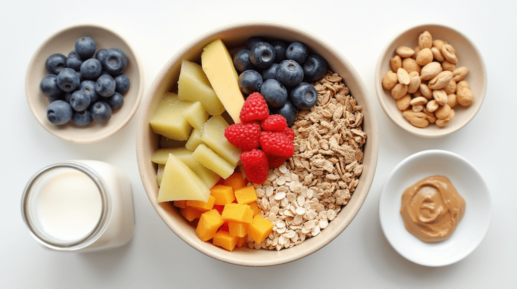 An overhead view of plant-based breakfast ingredients including oats, fresh fruits, nuts, seeds, plant-based milk, and a jar of nut butter on a white background.