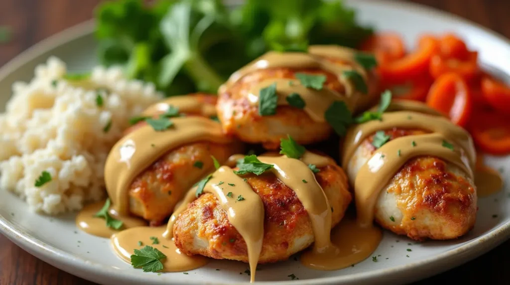 Beautifully plated chicken drizzled with creamy peanut butter sauce, garnished with fresh herbs, served alongside vibrant steamed vegetables including broccoli, carrots, and snap peas on a white plate.