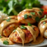 Beautifully plated chicken drizzled with creamy peanut butter sauce, garnished with fresh herbs, served alongside vibrant steamed vegetables including broccoli, carrots, and snap peas on a white plate.