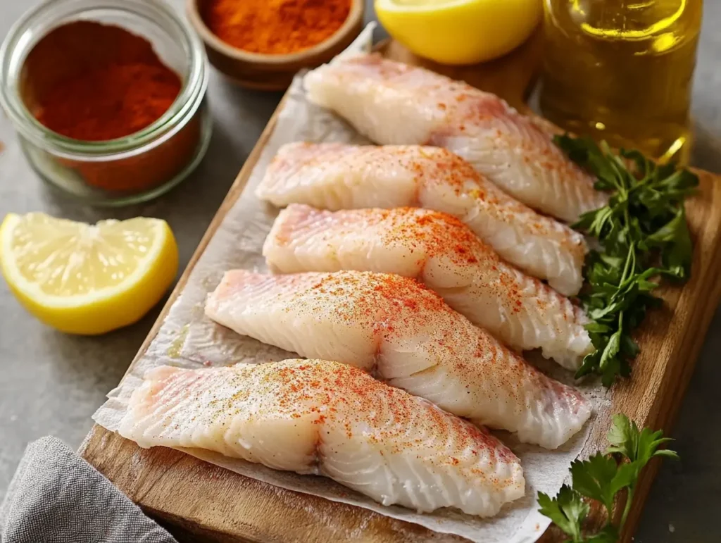 Fresh fish fillets being prepared for frying, patted dry on a wooden board with spices, lemon wedges, and olive oil nearby.