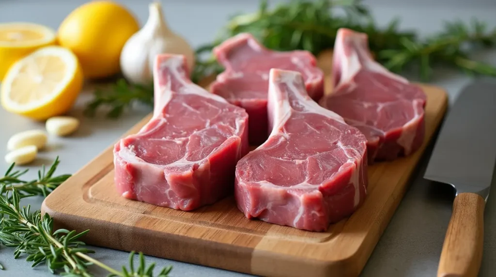 Raw lamb shoulder chops on a cutting board with fresh rosemary, lemon slices, garlic, and a sharp knife, ready for preparation.