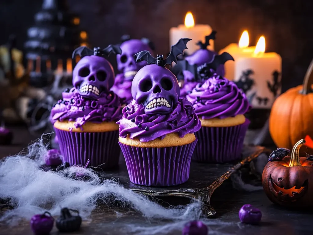 Purple skulls cupcakes recipes display with spooky decorations, featuring purple frosting, skull toppers, and Halloween-themed props.