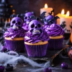 Purple skulls cupcakes recipes display with spooky decorations, featuring purple frosting, skull toppers, and Halloween-themed props.