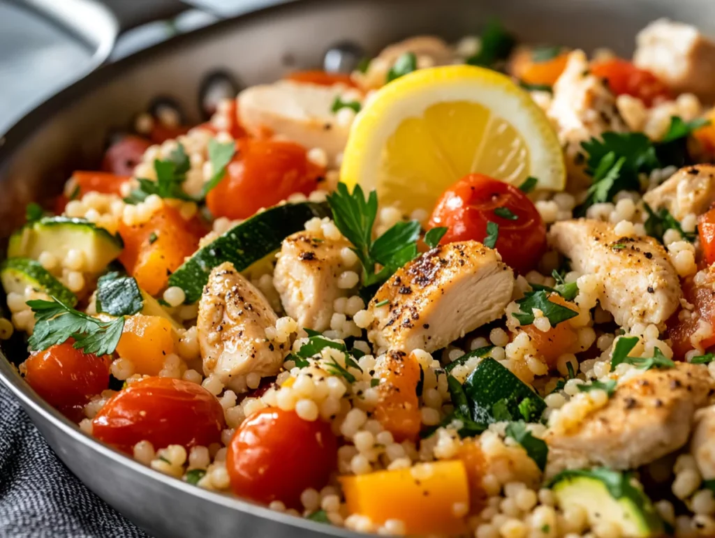 Quick and easy chicken couscous skillet meal with diced chicken, colorful vegetables, couscous, and a lemon wedge garnished with parsley