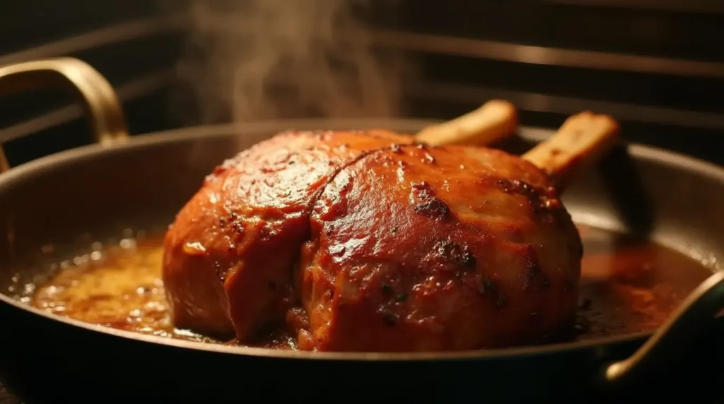 Close-up of lamb breast roasting in an oven, golden and caramelized with drippings visible, showing the slow-cooking process for tender and crispy lamb.