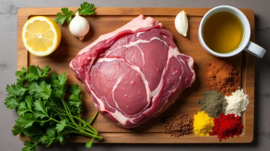 Flat lay of ingredients for roasted lamb breast recipe, including raw lamb breast, olive oil, garlic, lemon, parsley, and a vibrant mix of spices like cumin, paprika, and cinnamon.