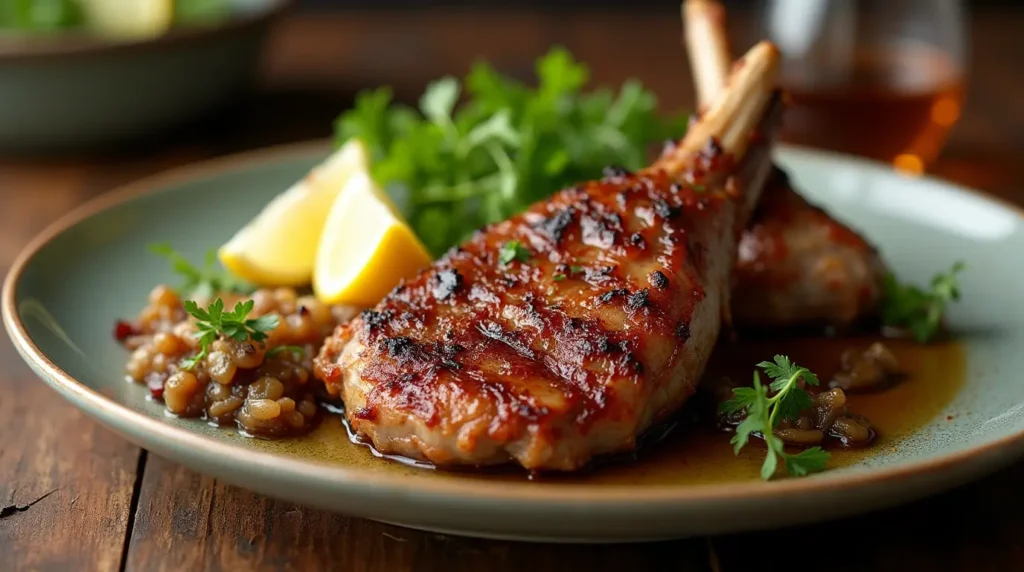 A beautifully plated roasted lamb breast with golden crispy edges, garnished with fresh parsley and lemon wedges, placed on a rustic wooden table with warm lighting