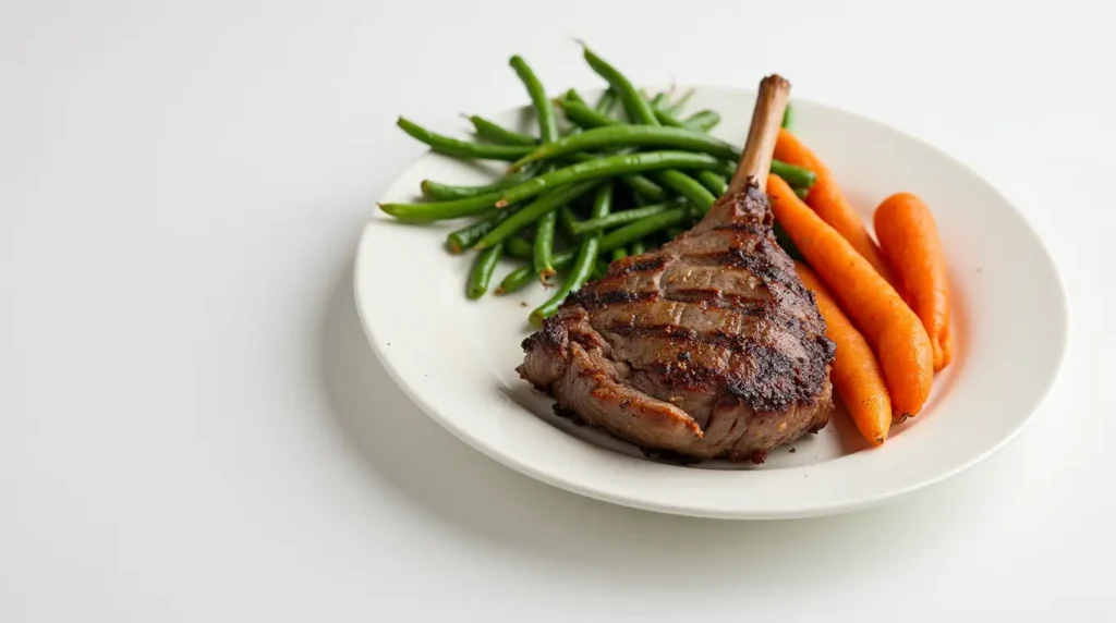 A plated roasted lamb breast served with steamed green beans and roasted carrots, showcasing a nutritious and balanced meal portion.