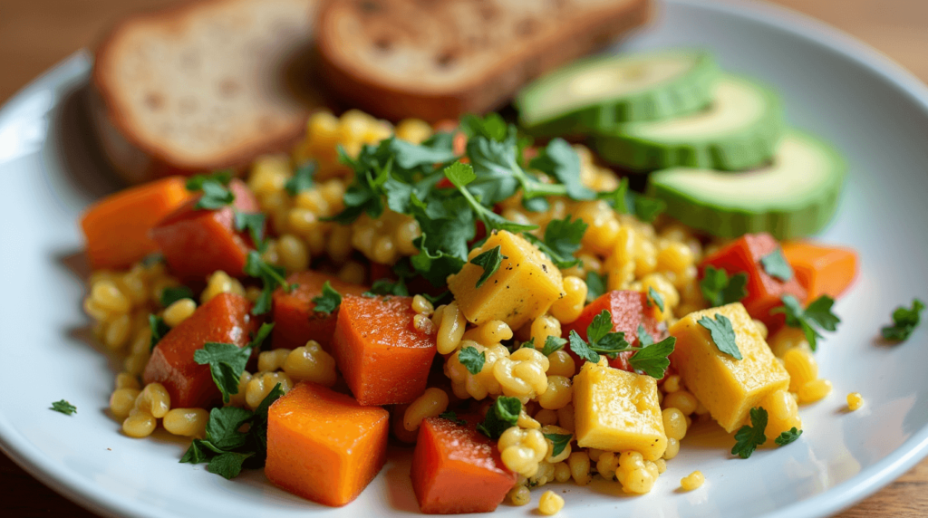 A savory plant-based breakfast plate with tofu scramble, roasted sweet potatoes, avocado slices, and whole-grain toast, garnished with fresh herbs.