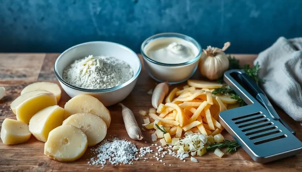 Flat lay of ingredients for scalloped potatoes with cheese powder including sliced potatoes, cheese powder, fresh cream, garlic, onions, herbs, and a mandoline slicer on a rustic wooden countertop