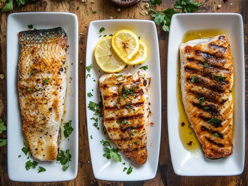 Three fish dishes showing grilled, baked, and pan-fried fish with various seasonings like paprika, lemon, and herbs.