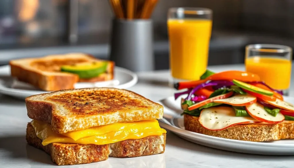 Grilled cheese sandwich, avocado and cheese toast, and vegetable and cheese open sandwich on a kitchen counter with orange juice.