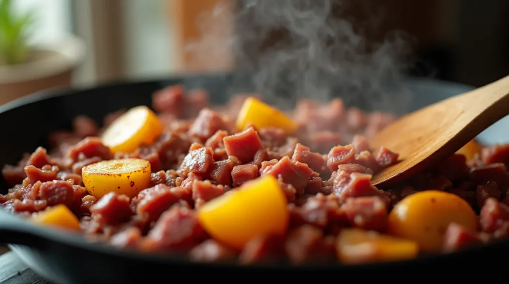 A sizzling skillet of corned beef hash in progress, with potatoes turning golden brown. The scene captures the process of cooking, with a wooden spatula flipping the hash in the pan. Steam rises, indicating a fresh and hot meal being prepared.