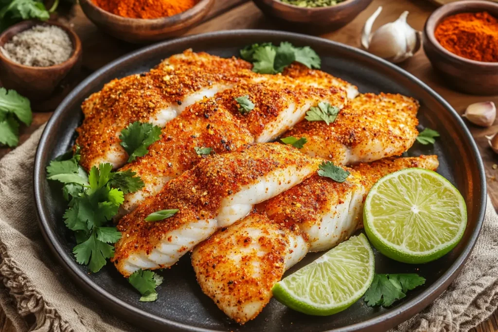 Fried fish coated with a golden spice blend, surrounded by ingredients like paprika, cumin, and garlic powder.