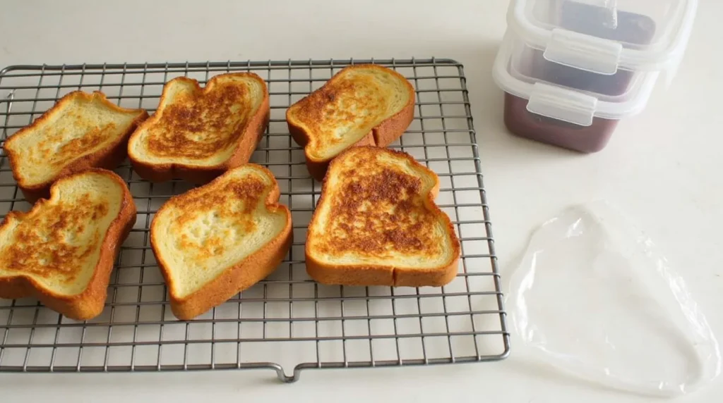 Prepared slices of sourdough French toast cooling on a wire rack next to airtight containers and plastic wrap for storage.