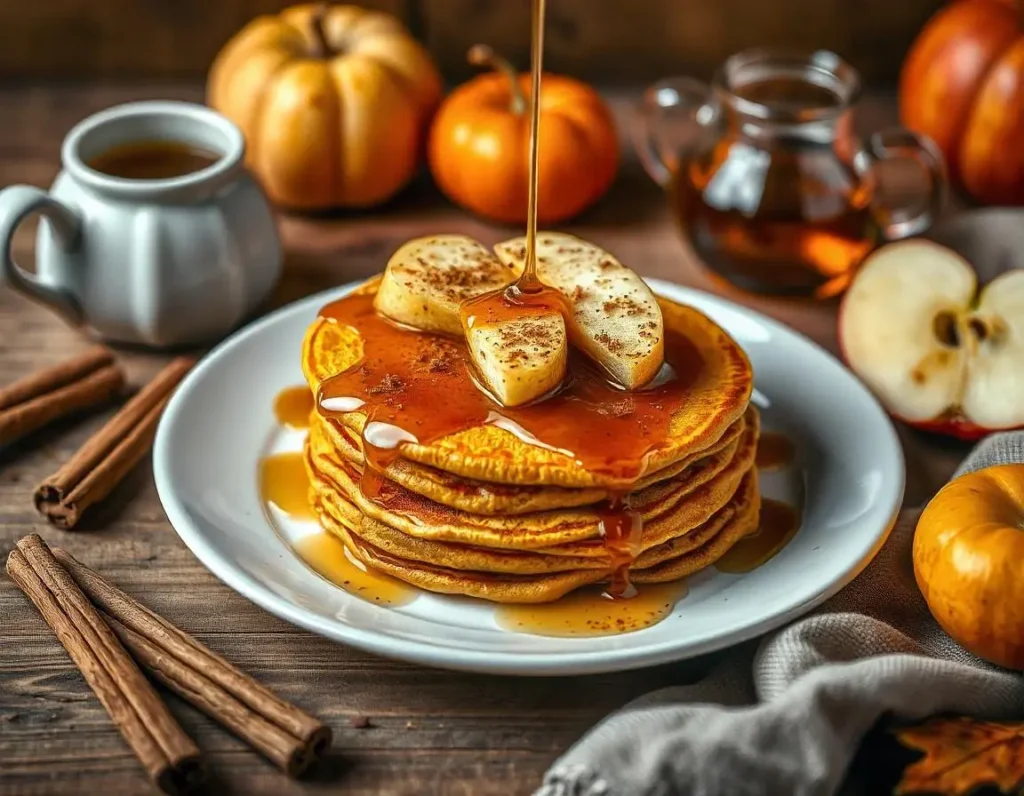 Delicious pumpkin pancakes topped with cinnamon-apple slices and maple syrup, highlighting sweet apple breakfast recipes for a fall-inspired morning.