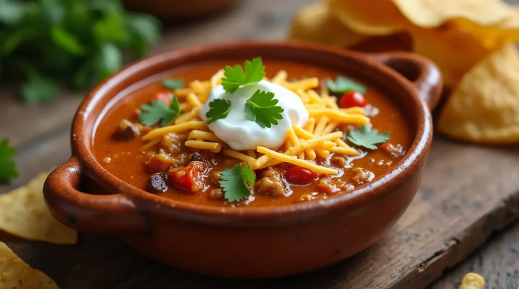 A bowl of taco soup frios garnished with sour cream, shredded cheese, and fresh cilantro, served with tortilla chips.