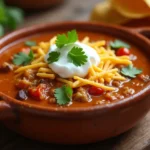 A bowl of taco soup frios garnished with sour cream, shredded cheese, and fresh cilantro, served with tortilla chips.