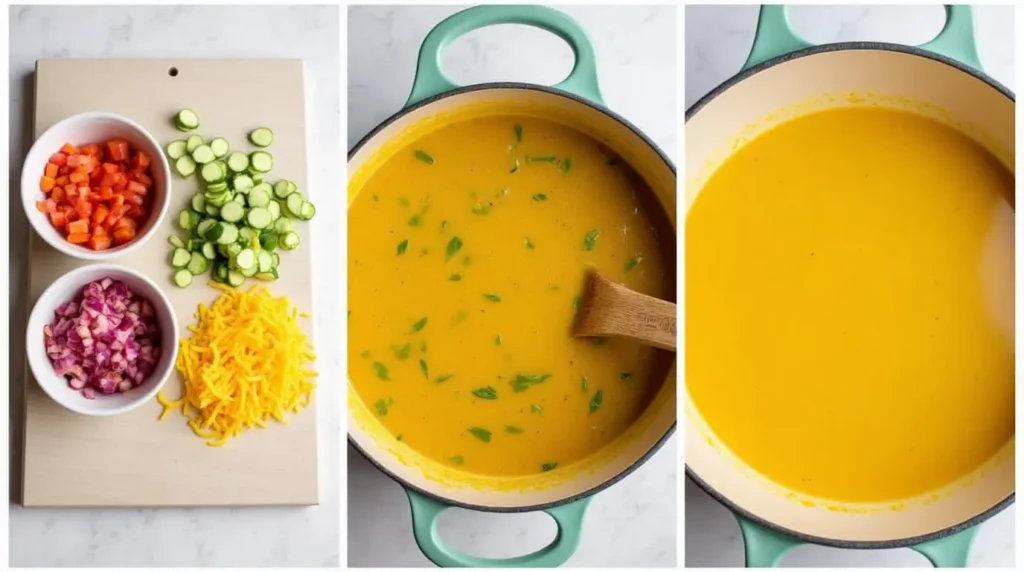 Step-by-step process of preparing taco soup frios, including chopping ingredients, simmering the soup, and serving in a bowl.