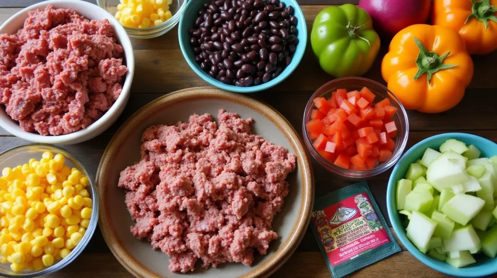 A rustic wooden table featuring all the key taco soup ingredients: ground beef, black beans, corn, diced tomatoes, onions, taco seasoning packets, and fresh cilantro, arranged in bowls and jars.