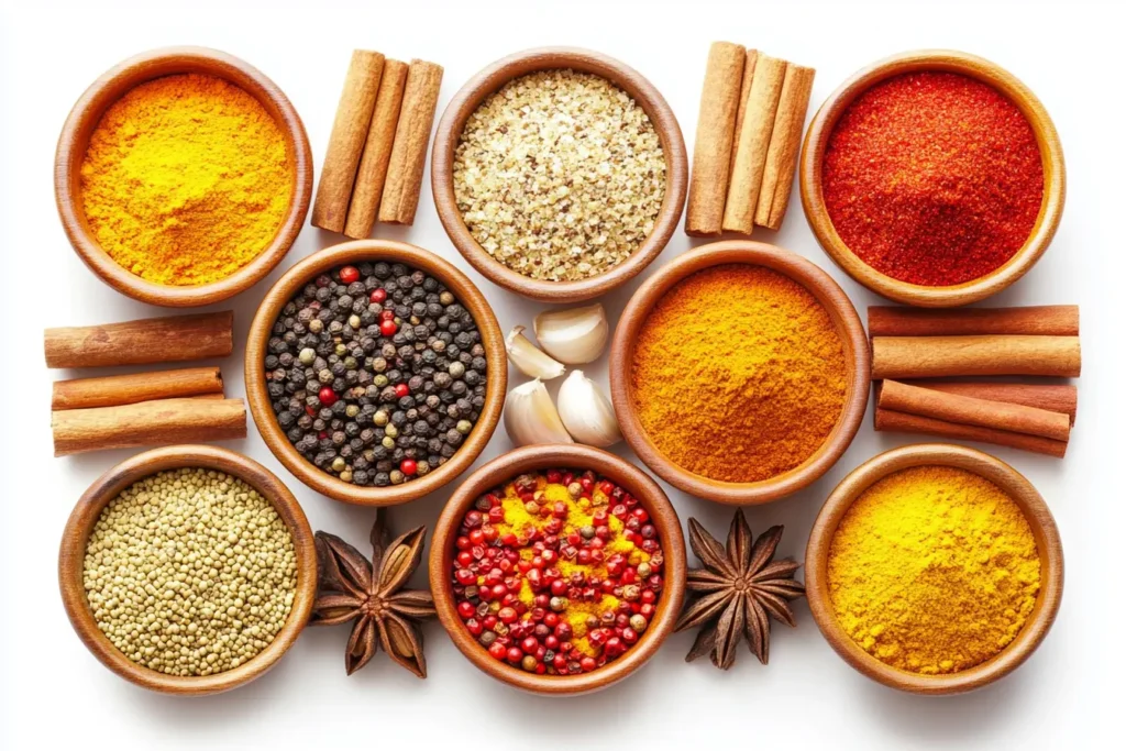 Top 10 spices for frying fish displayed in small bowls, including paprika, turmeric, cumin, chili powder, and garlic powder.