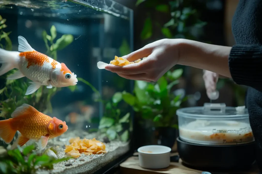 Fish hesitating to eat homemade fish food, with a hand adjusting the portion size and mixing it with regular food.