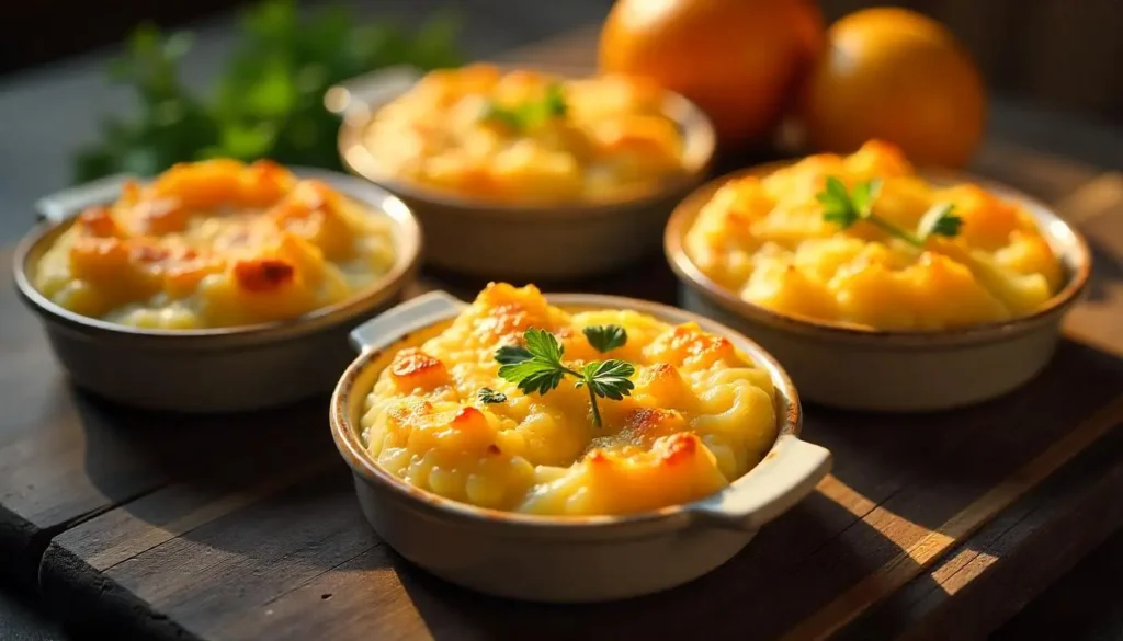 An artistic spread of scalloped potatoes variations, including versions with breadcrumbs, herbs, vegetarian and dairy-free options, each in a separate small dish with labels