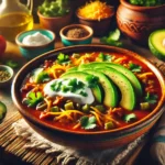 A vibrant bowl of taco soup topped with avocado slices, shredded cheese, sour cream, and fresh cilantro, presented in a rustic