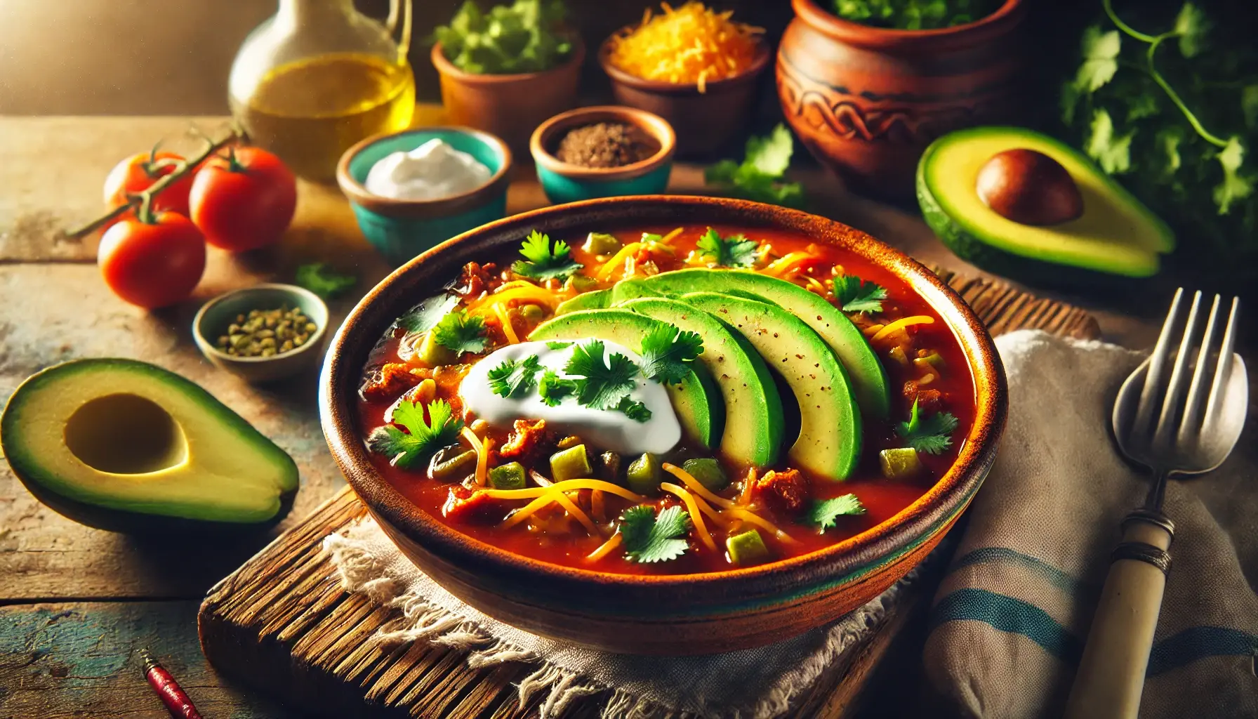 A vibrant bowl of taco soup topped with avocado slices, shredded cheese, sour cream, and fresh cilantro, presented in a rustic